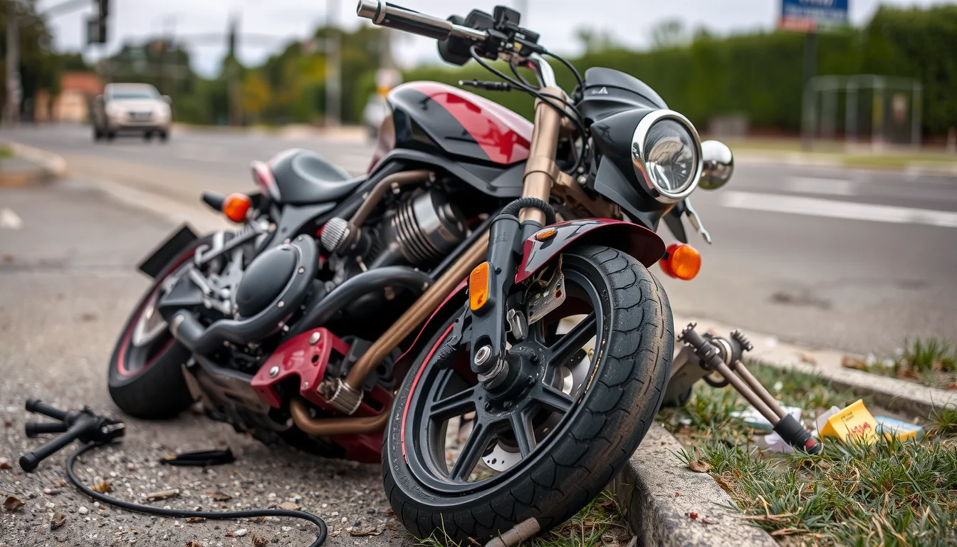close up of a crashed motorcycle after an accident in Modesto, California